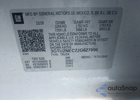 2018 GMC Sierra 1500 Slt z USA, uszkodzony, nr VIN 3GTU2NEC7JG627996